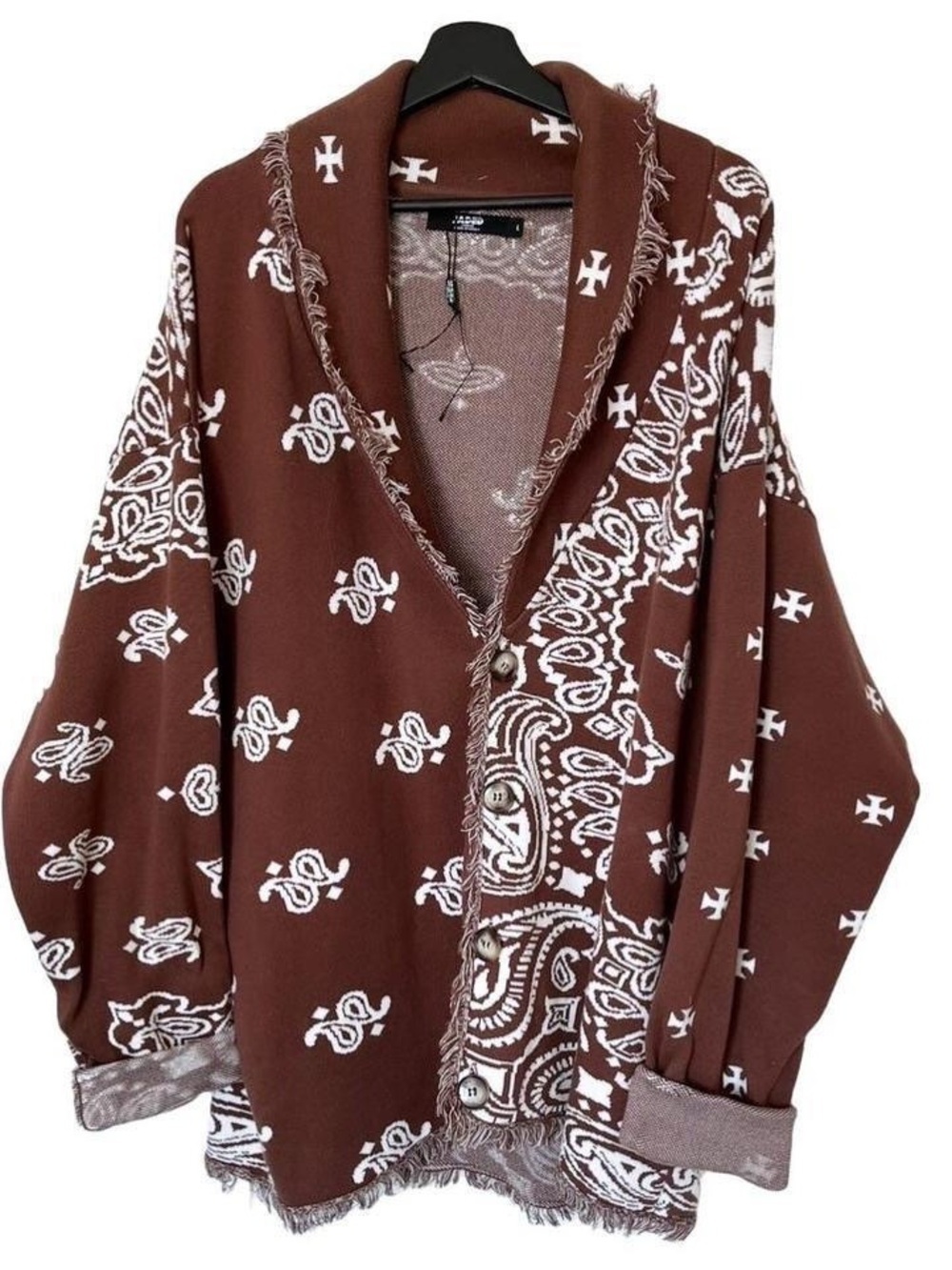 Jaded London Brown Paisley Shawl-Collar Cardigan Jacket Boho Fringe Tapestry - Picture 2 of 8